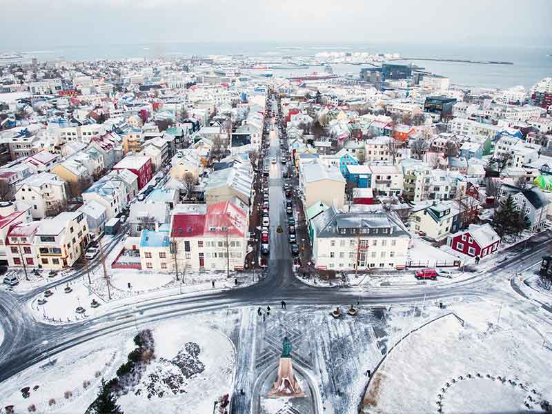 A picture take from the clock tower overlooking Reykjavik in March