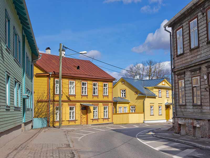 Small street with colored buildings in Tartu, Estonia in Supilinn district (Soup town)
