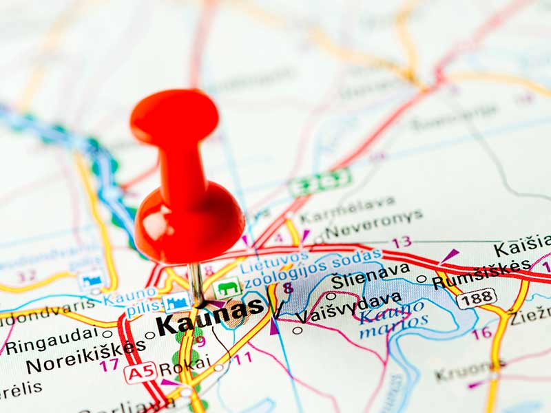 Kaunas in Lithuania on a map