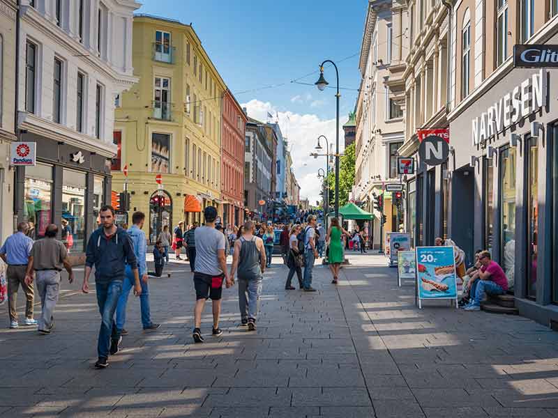 Oslo City and street scene with people in Norway
